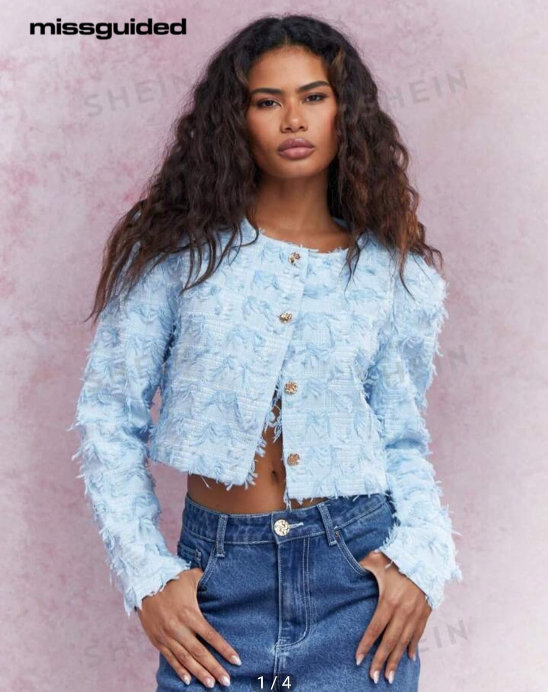 MISSGUIDED Statement Button Textured Tweed Collarless Crop Jacket