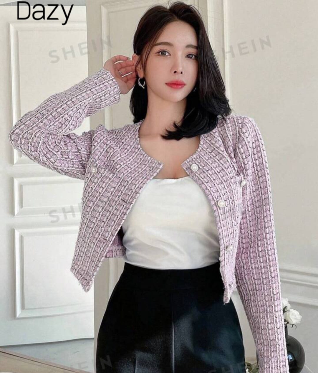 DAZY Checkered Round Neck Double-Breasted Short Jacket With Long Sleeves