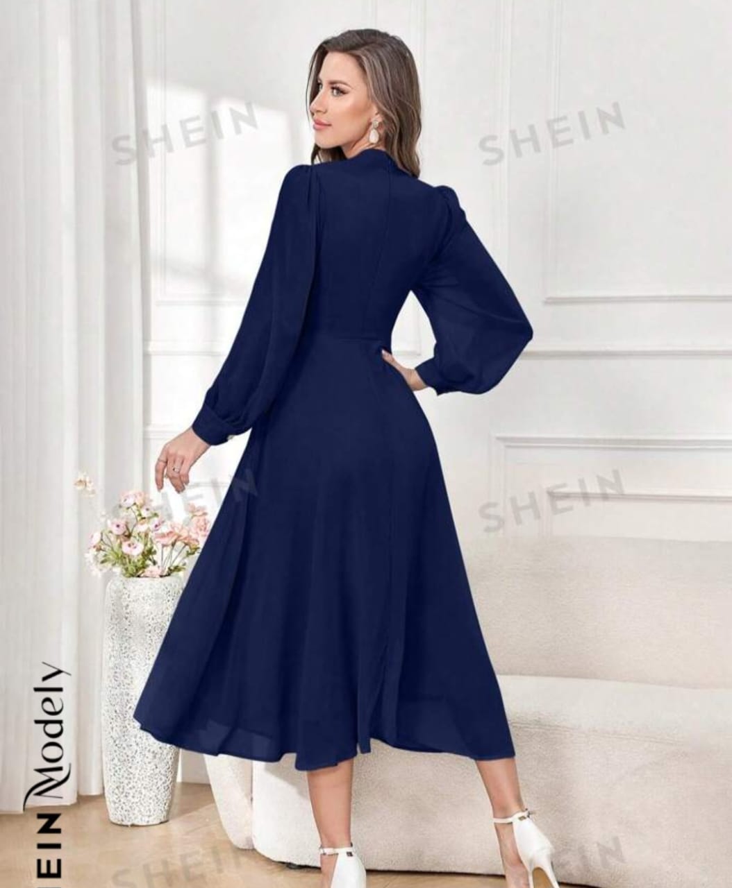 SHEIN Modely Women's Wrap Waist Pleated Long Sleeve Elegant Dress