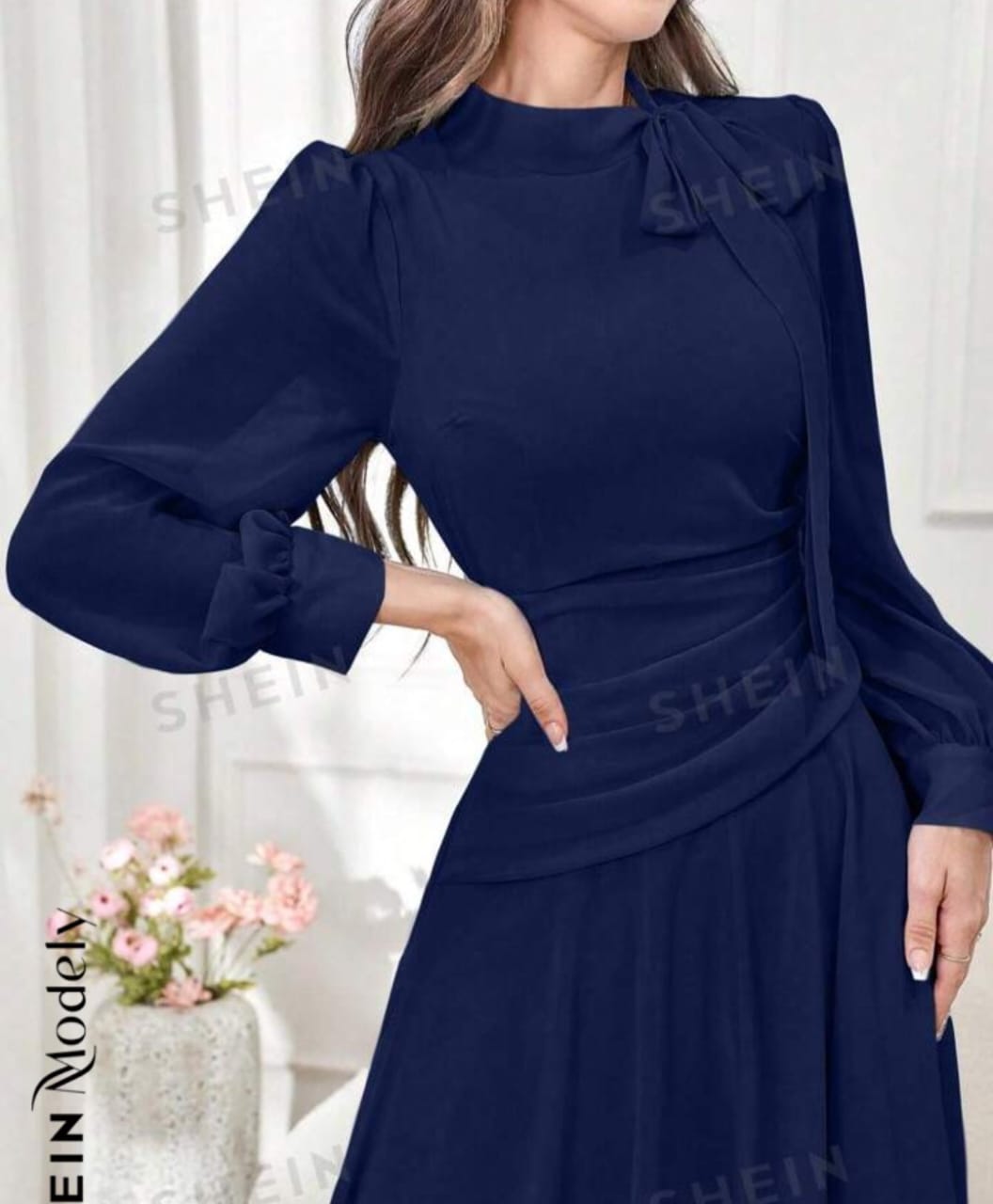 SHEIN Modely Women's Wrap Waist Pleated Long Sleeve Elegant Dress