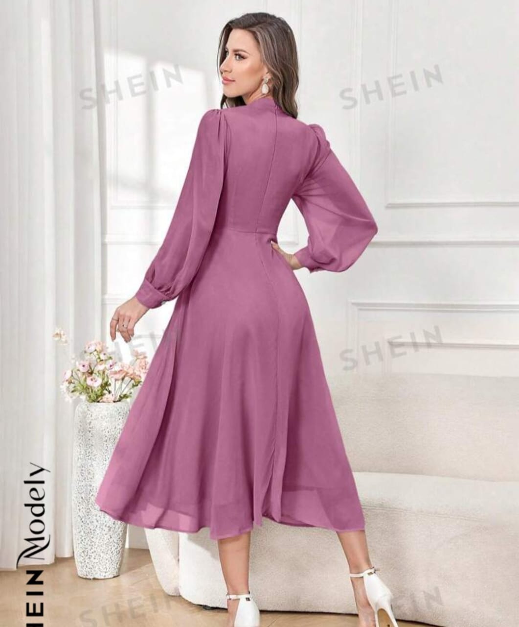 SHEIN Modely Women's Wrap Waist Pleated Long Sleeve Elegant Dress