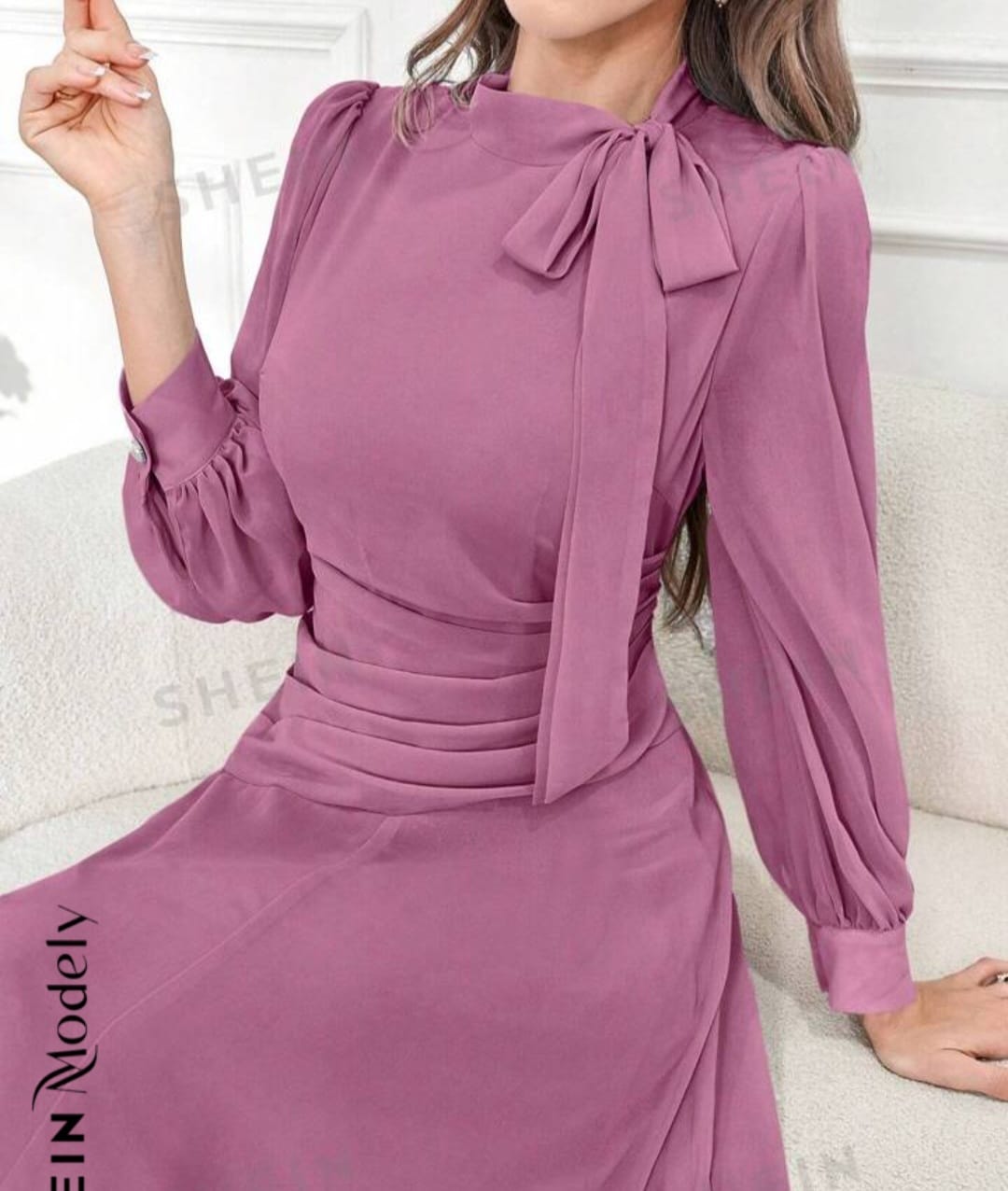 SHEIN Modely Women's Wrap Waist Pleated Long Sleeve Elegant Dress