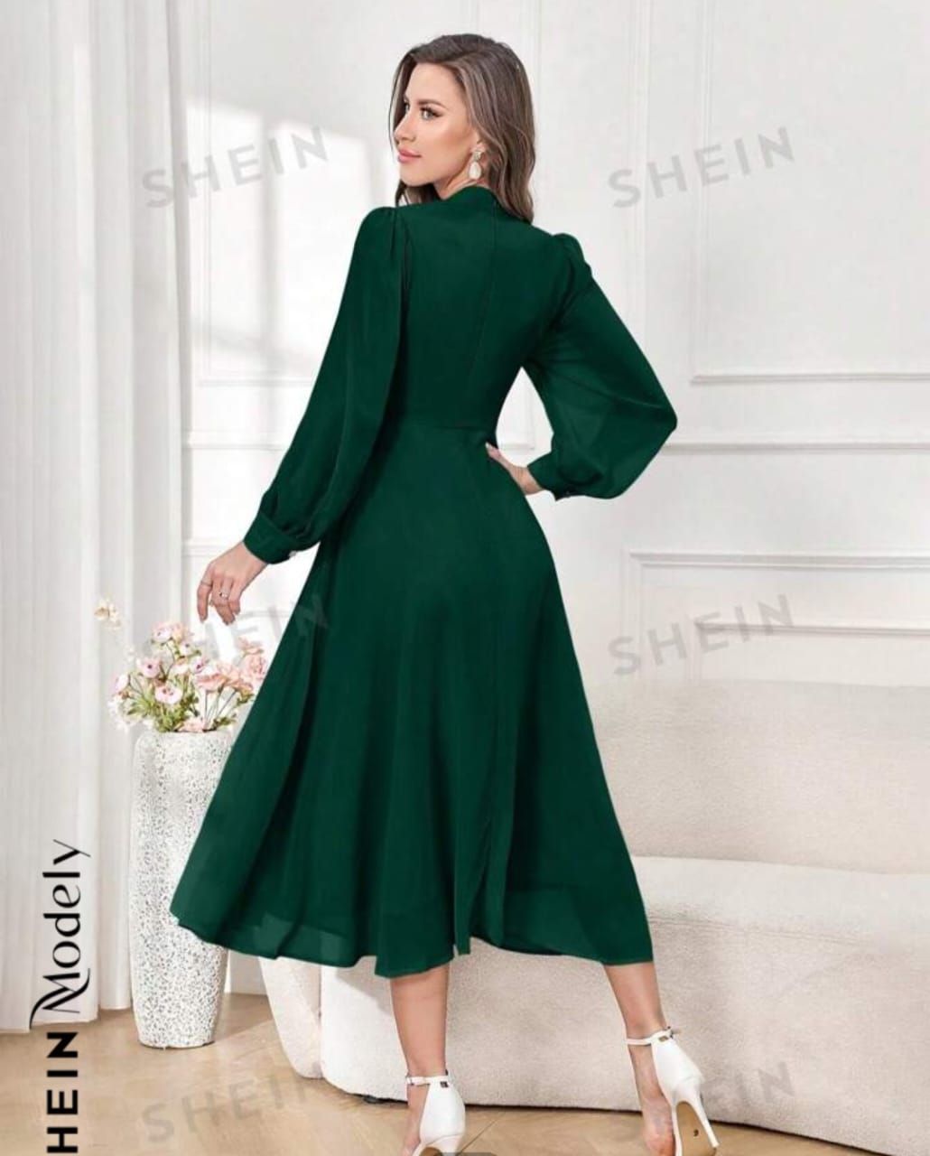 SHEIN Modely Women's Wrap Waist Pleated Long Sleeve Elegant Dress