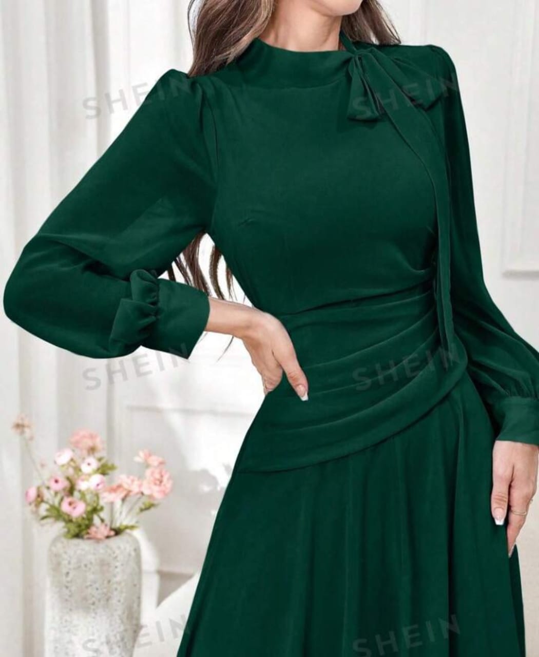 SHEIN Modely Women's Wrap Waist Pleated Long Sleeve Elegant Dress