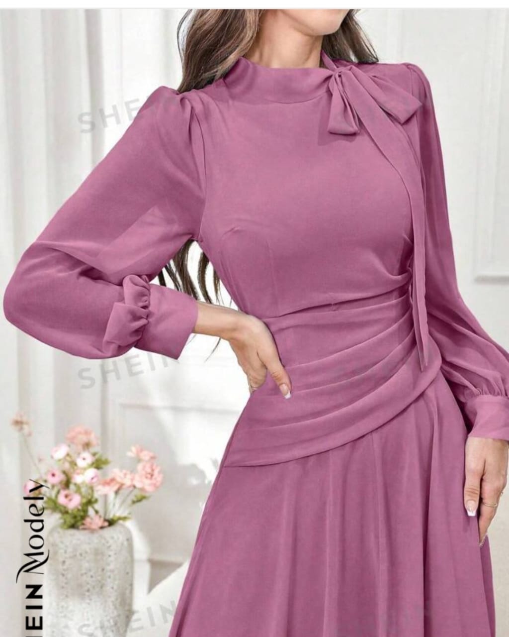 SHEIN Modely Women's Wrap Waist Pleated Long Sleeve Elegant Dress