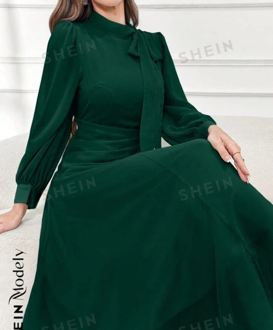 SHEIN Modely Women's Wrap Waist Pleated Long Sleeve Elegant Dress