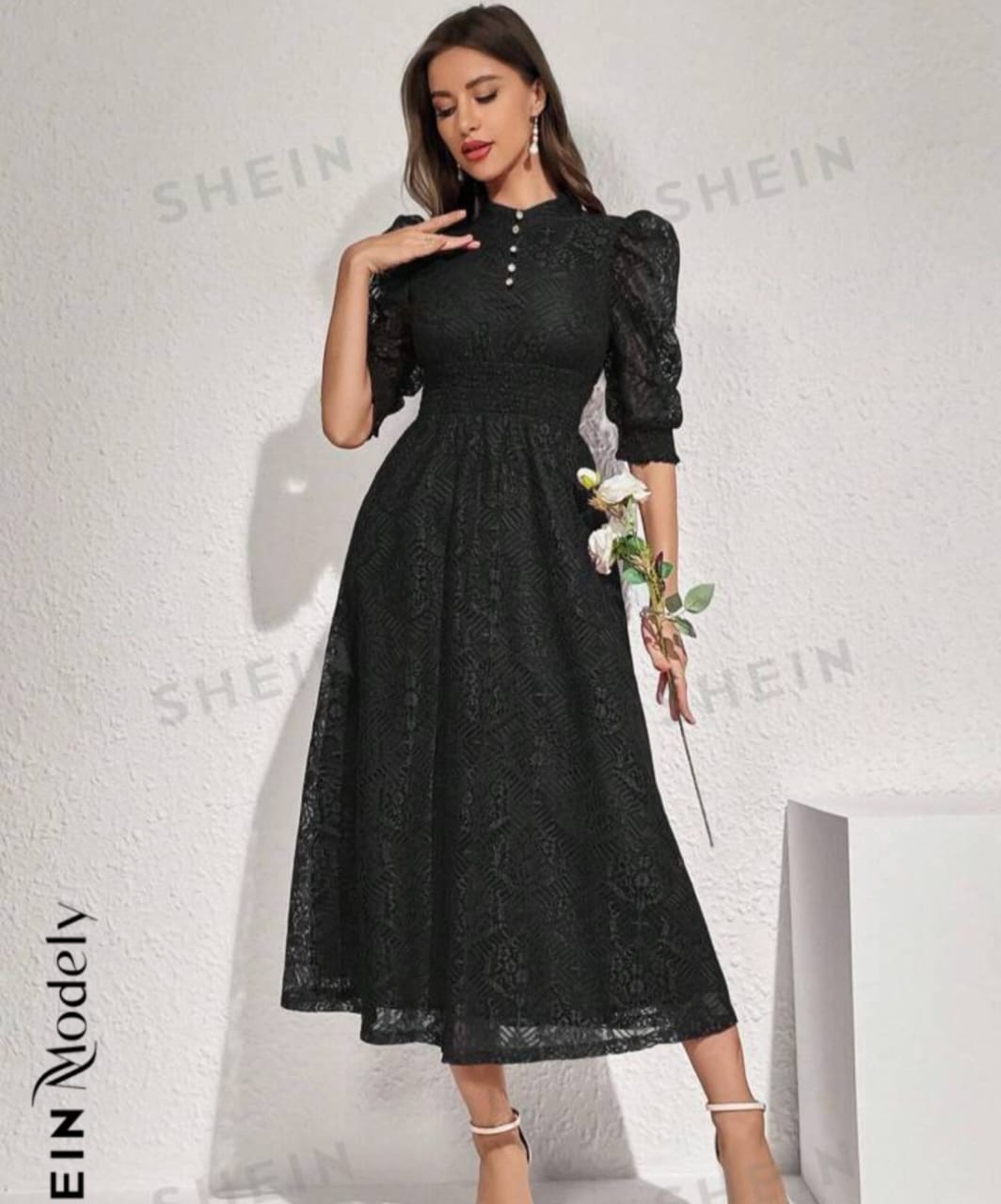 SHEIN Modely Women's Bubble Sleeve Gathered A-Line Dress