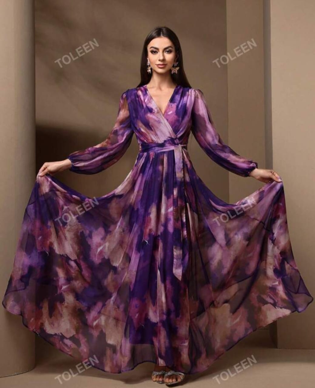 Women's V-Neck Cross Wrap Elegant Long Sleeve Summer Dress (Random Print)