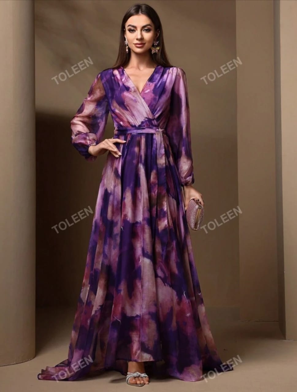 Women's V-Neck Cross Wrap Elegant Long Sleeve Summer Dress (Random Print)