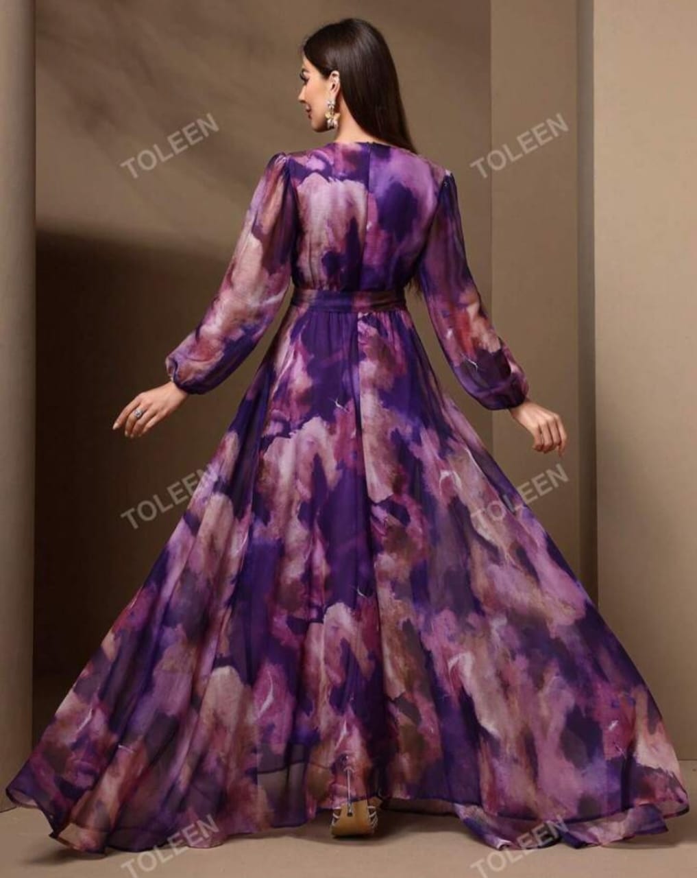 Women's V-Neck Cross Wrap Elegant Long Sleeve Summer Dress (Random Print)