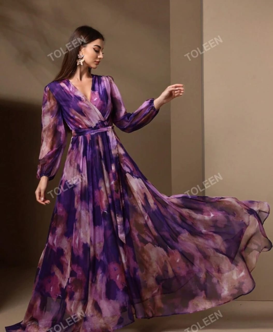 Women's V-Neck Cross Wrap Elegant Long Sleeve Summer Dress (Random Print)