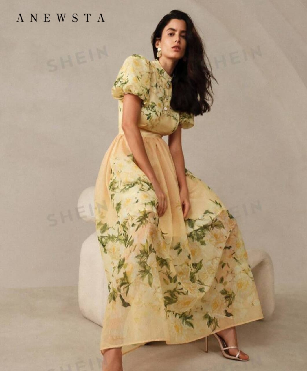 Anewsta French Elegant Floral Positioning Print Ladies Yellow Small Stand Collar Bubble Short Sleeve Floor Length Dress