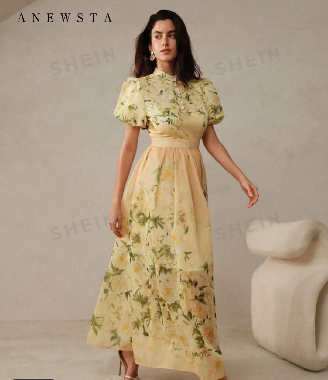 Anewsta French Elegant Floral Positioning Print Ladies Yellow Small Stand Collar Bubble Short Sleeve Floor Length Dress