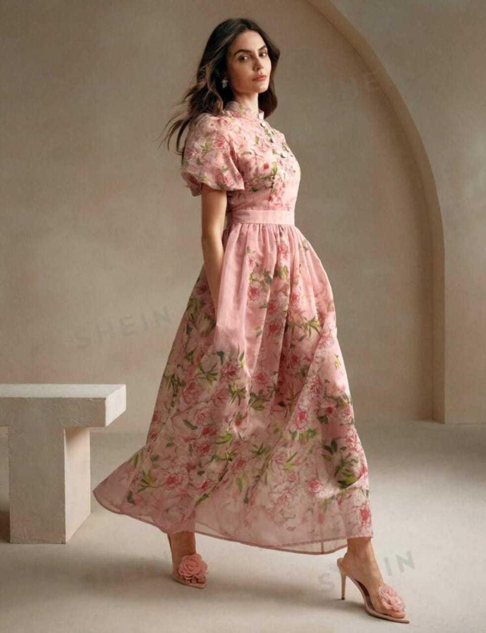 Anewsta French Elegant Floral Positioning Print Ladies Yellow Small Stand Collar Bubble Short Sleeve Floor Length Dress