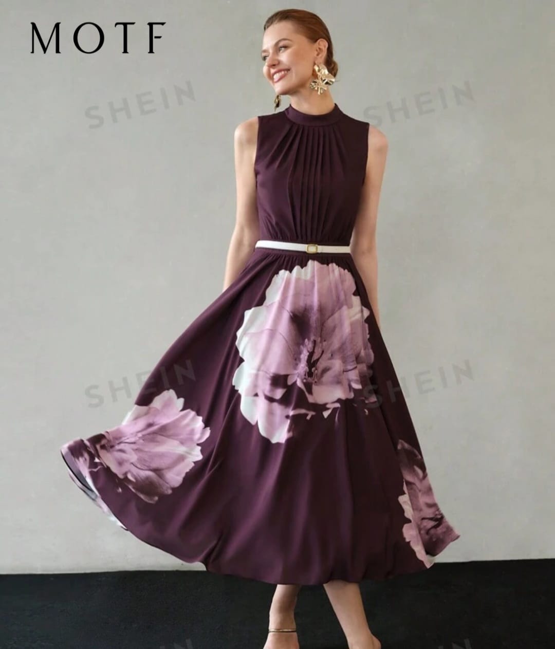 MOTF PREMIUM FLORAL PRINT MOCK NECK FOLD PLEATED DRESS