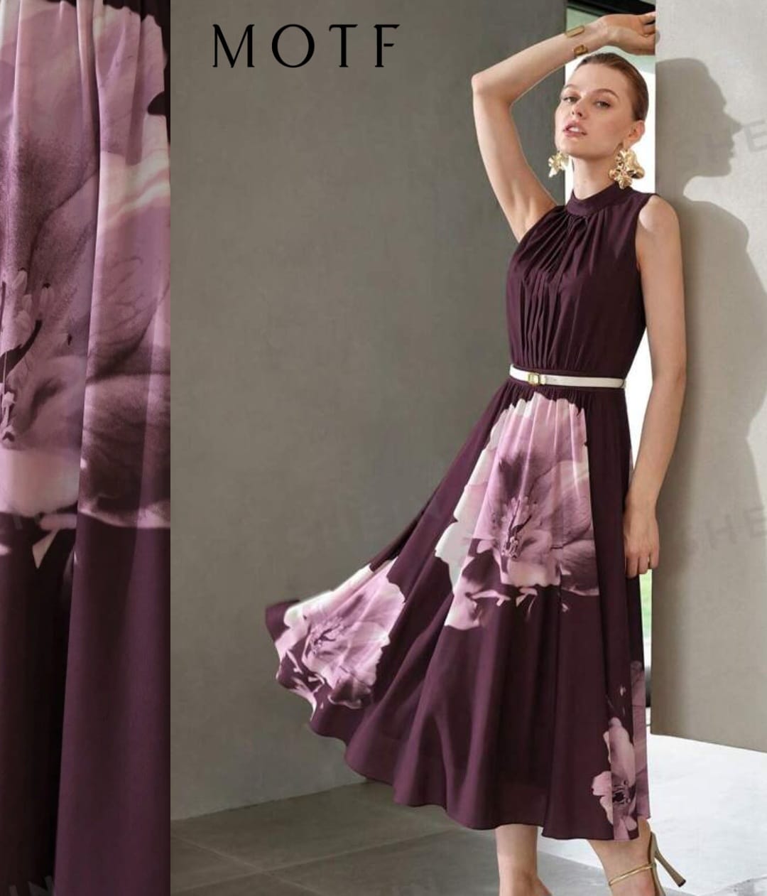 MOTF PREMIUM FLORAL PRINT MOCK NECK FOLD PLEATED DRESS