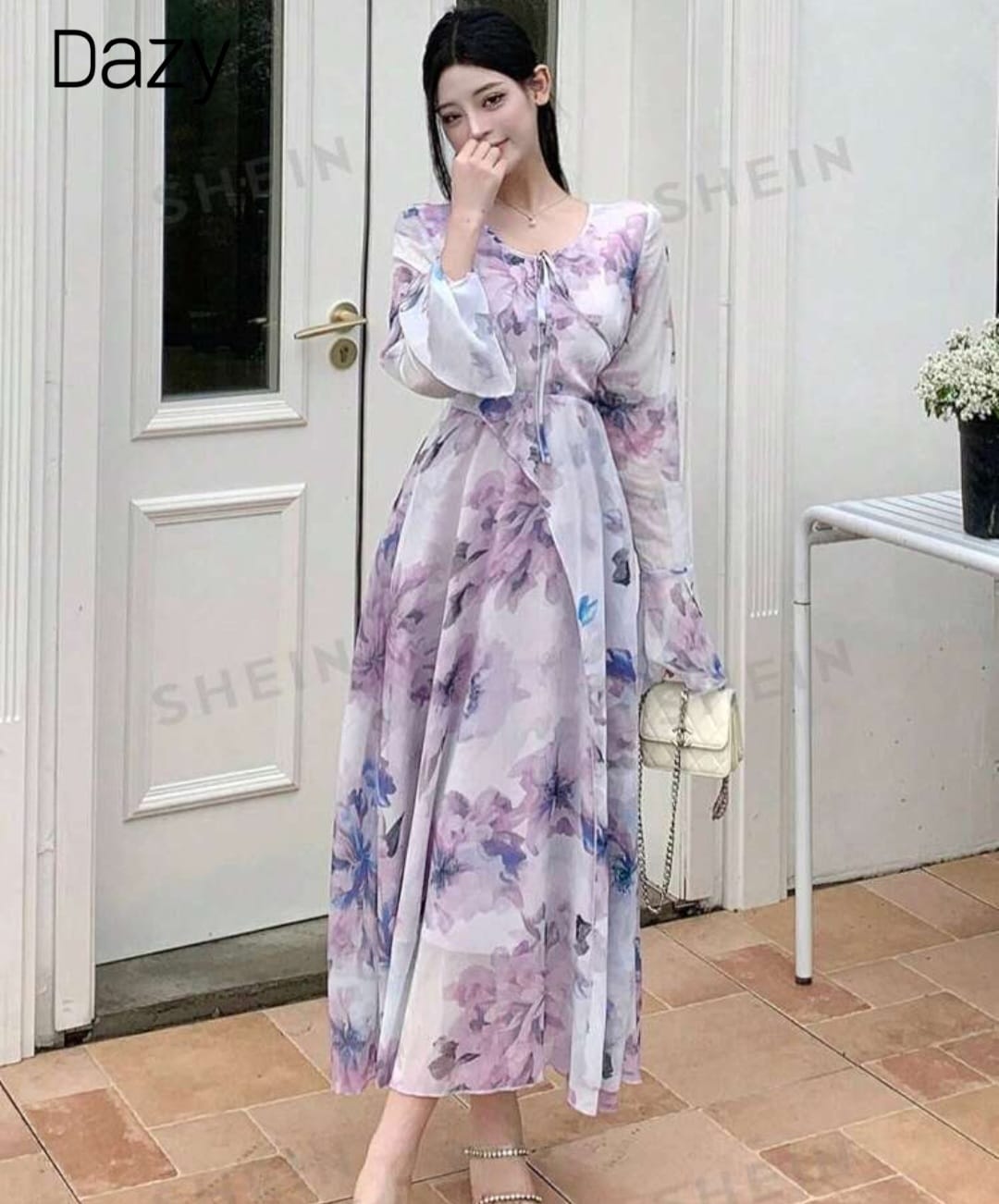 DAZY Women V-Neck Floral Printed Long Sleeve Chiffon Dress With Waist Tie