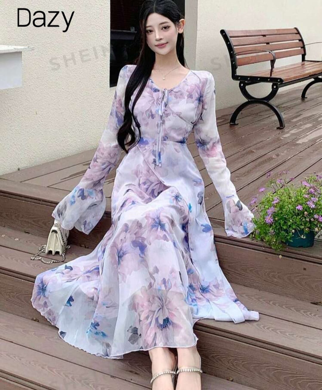 DAZY Women V-Neck Floral Printed Long Sleeve Chiffon Dress With Waist Tie