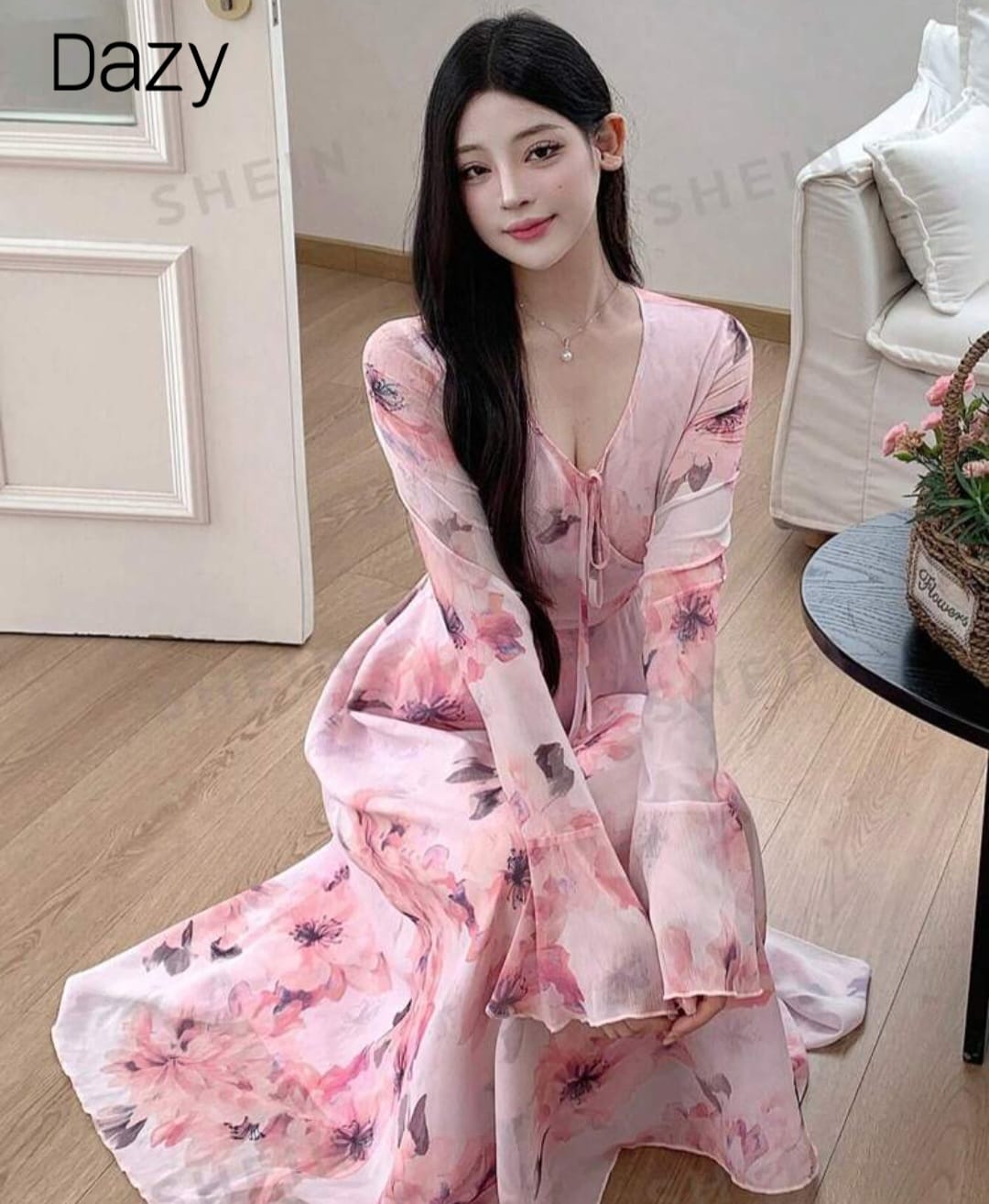 DAZY Women V-Neck Floral Printed Long Sleeve Chiffon Dress With Waist Tie