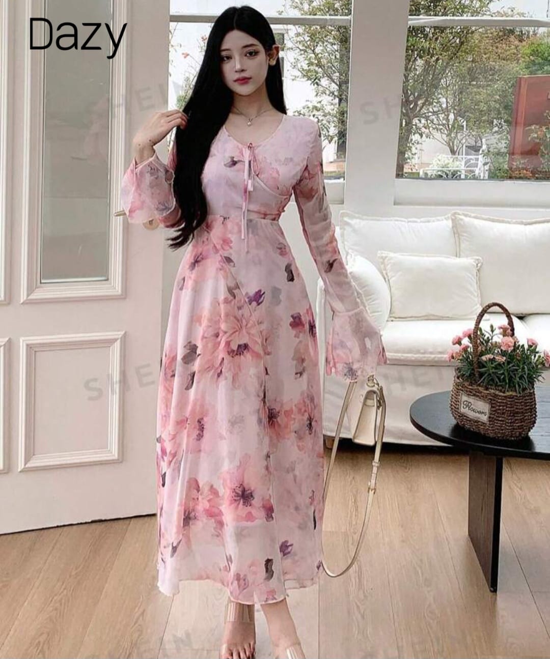 DAZY Women V-Neck Floral Printed Long Sleeve Chiffon Dress With Waist Tie