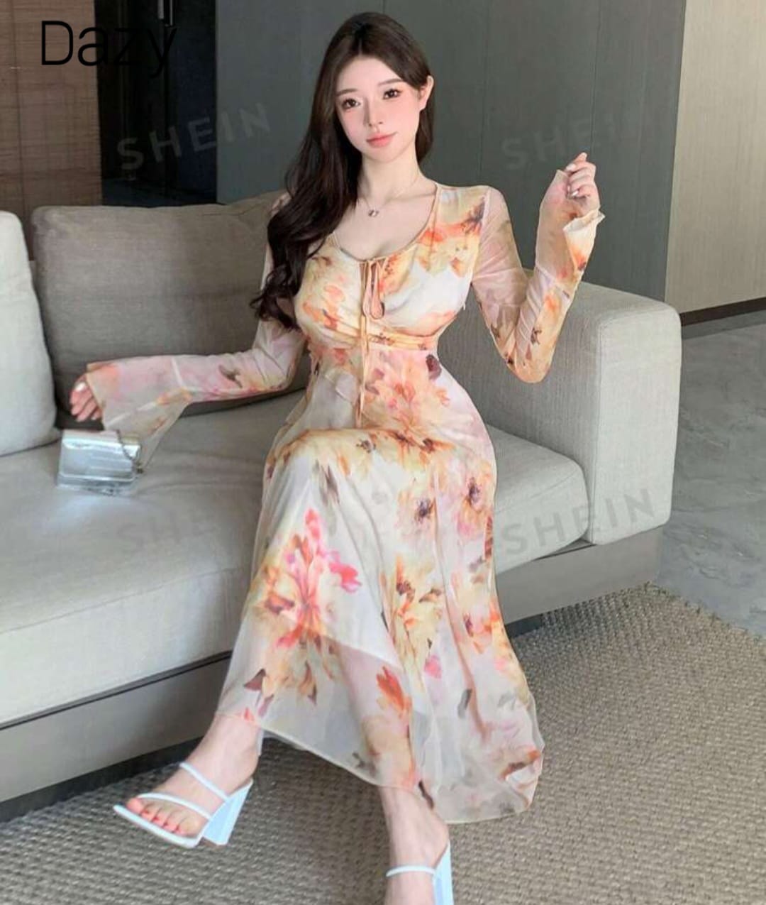 DAZY Women V-Neck Floral Printed Long Sleeve Chiffon Dress With Waist Tie