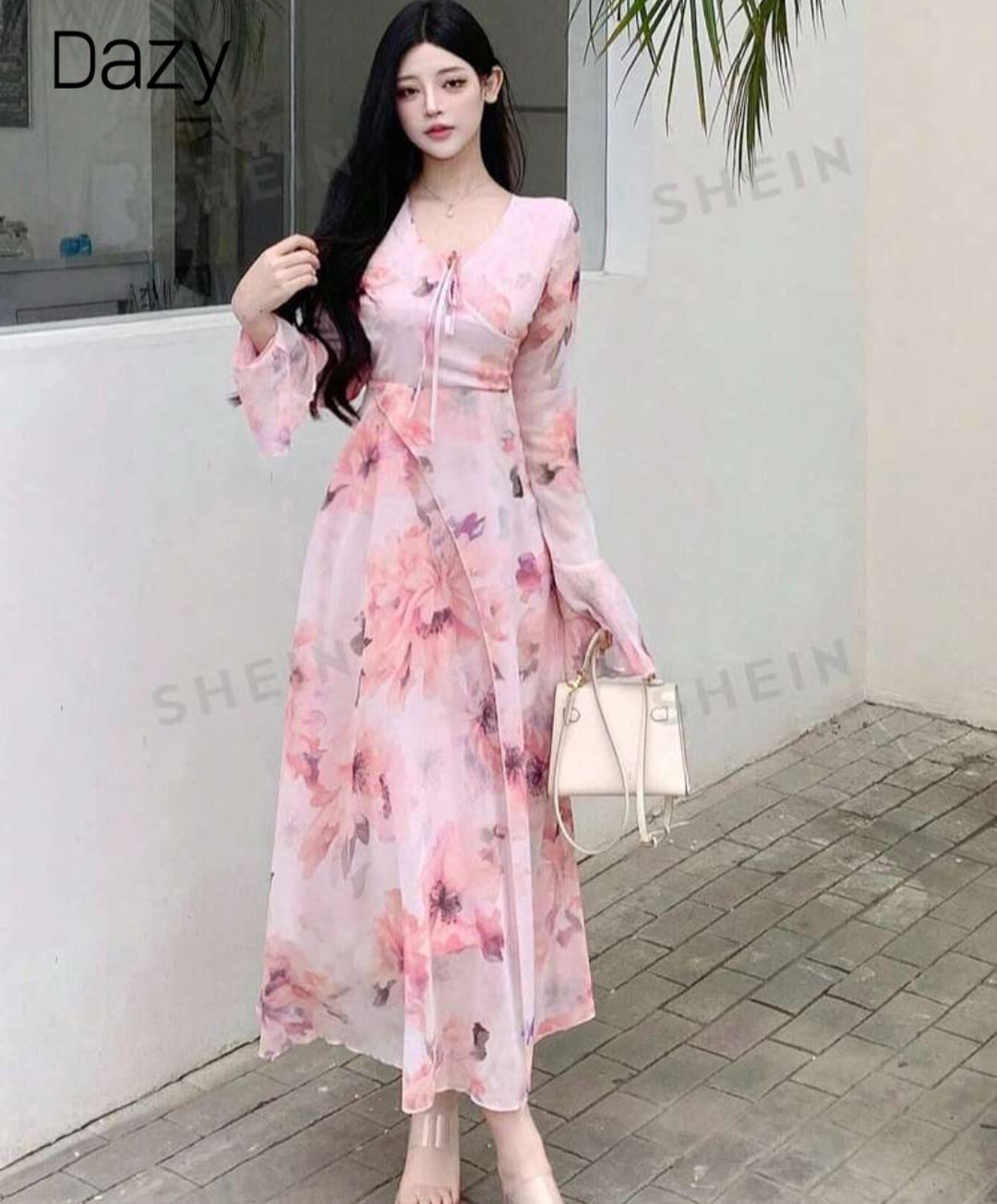 DAZY Women V-Neck Floral Printed Long Sleeve Chiffon Dress With Waist Tie