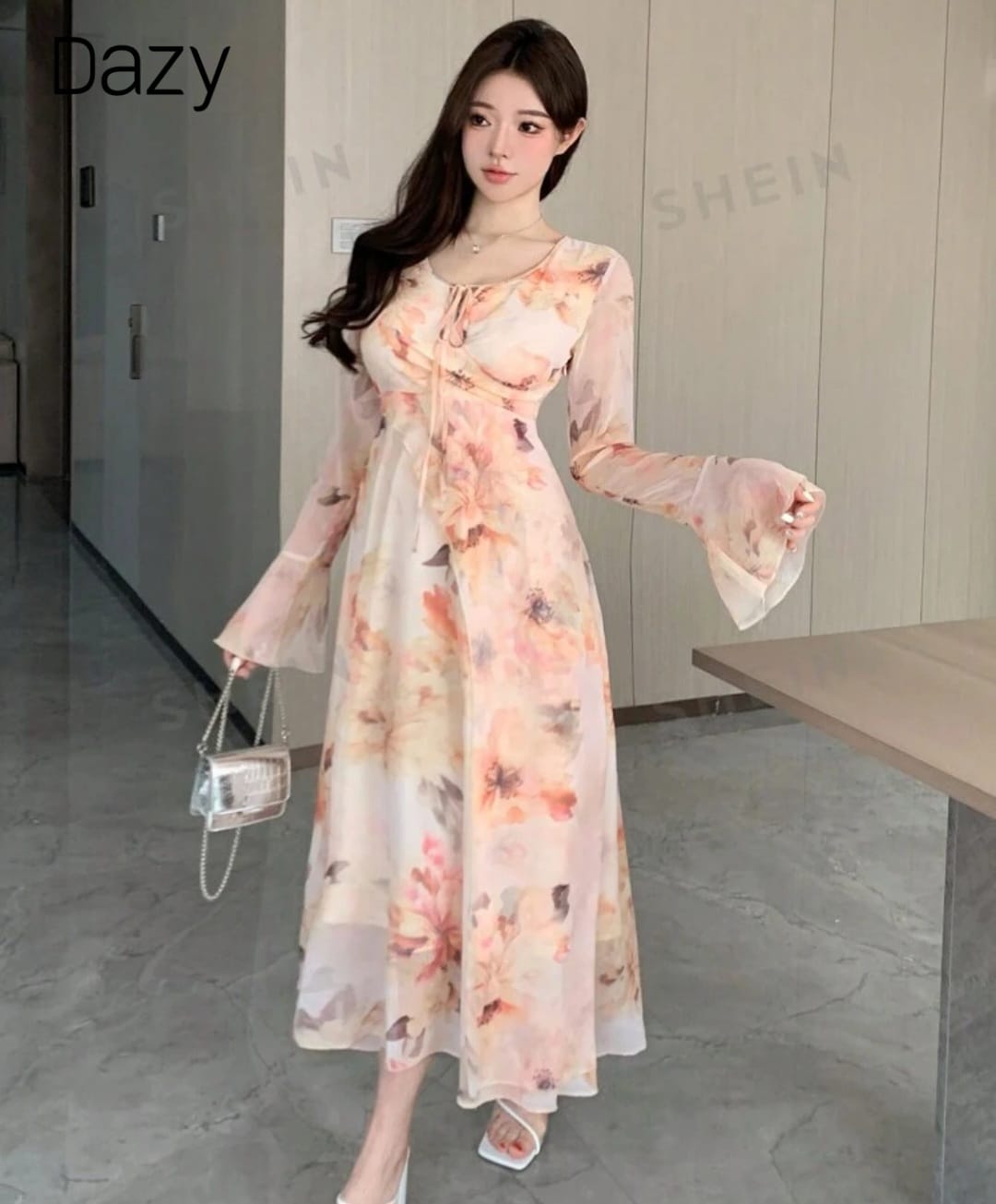 DAZY Women V-Neck Floral Printed Long Sleeve Chiffon Dress With Waist Tie