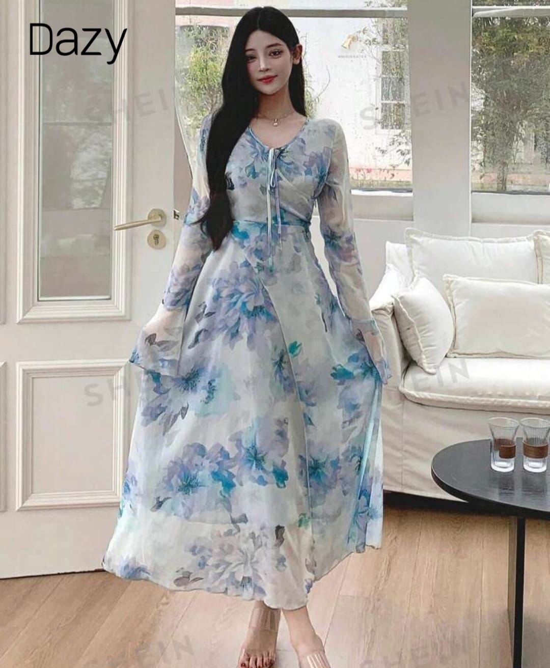 DAZY Women V-Neck Floral Printed Long Sleeve Chiffon Dress With Waist Tie